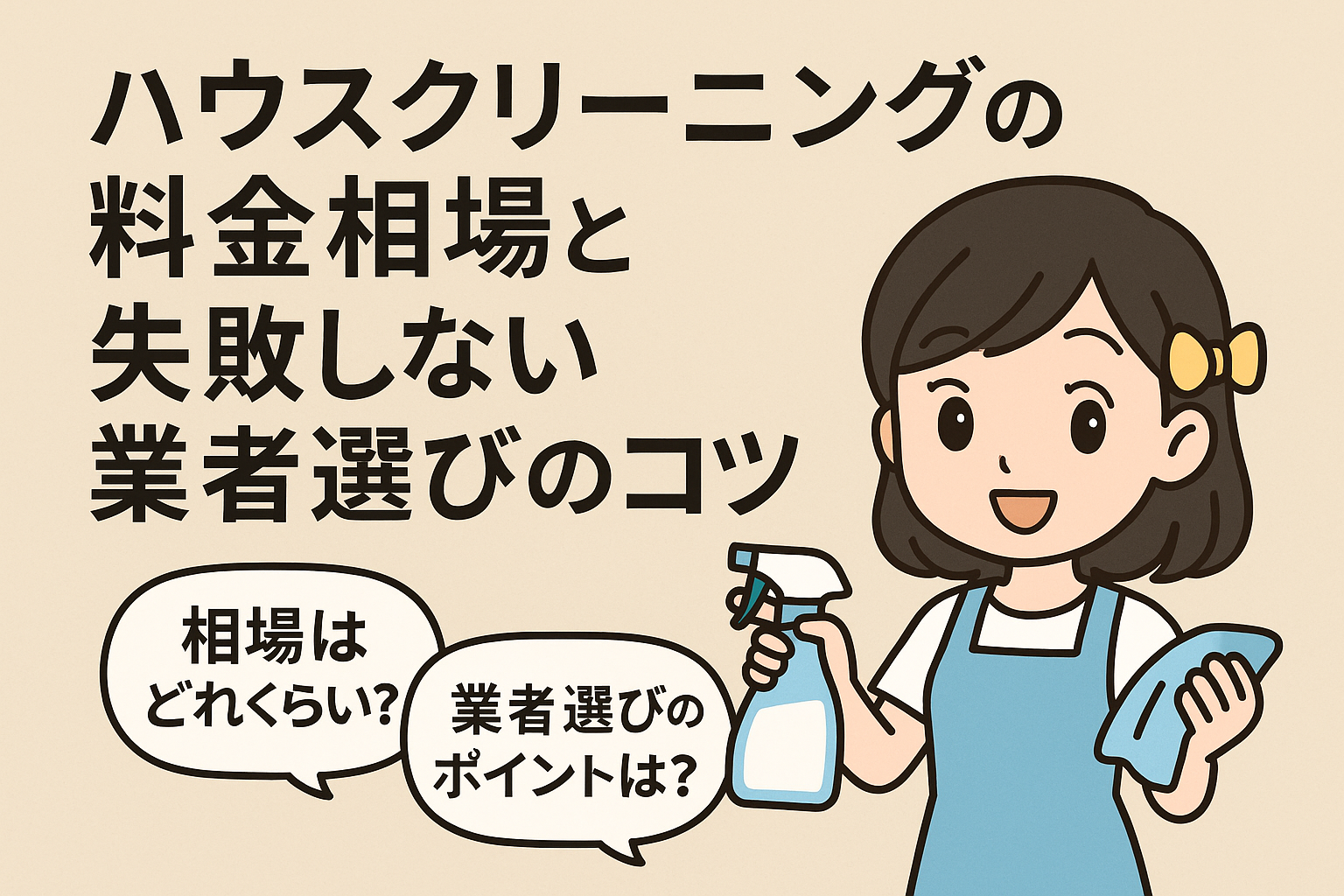 ハウスクリーニングの料金相場と業者選びのコツを案内する女性キャラクター
