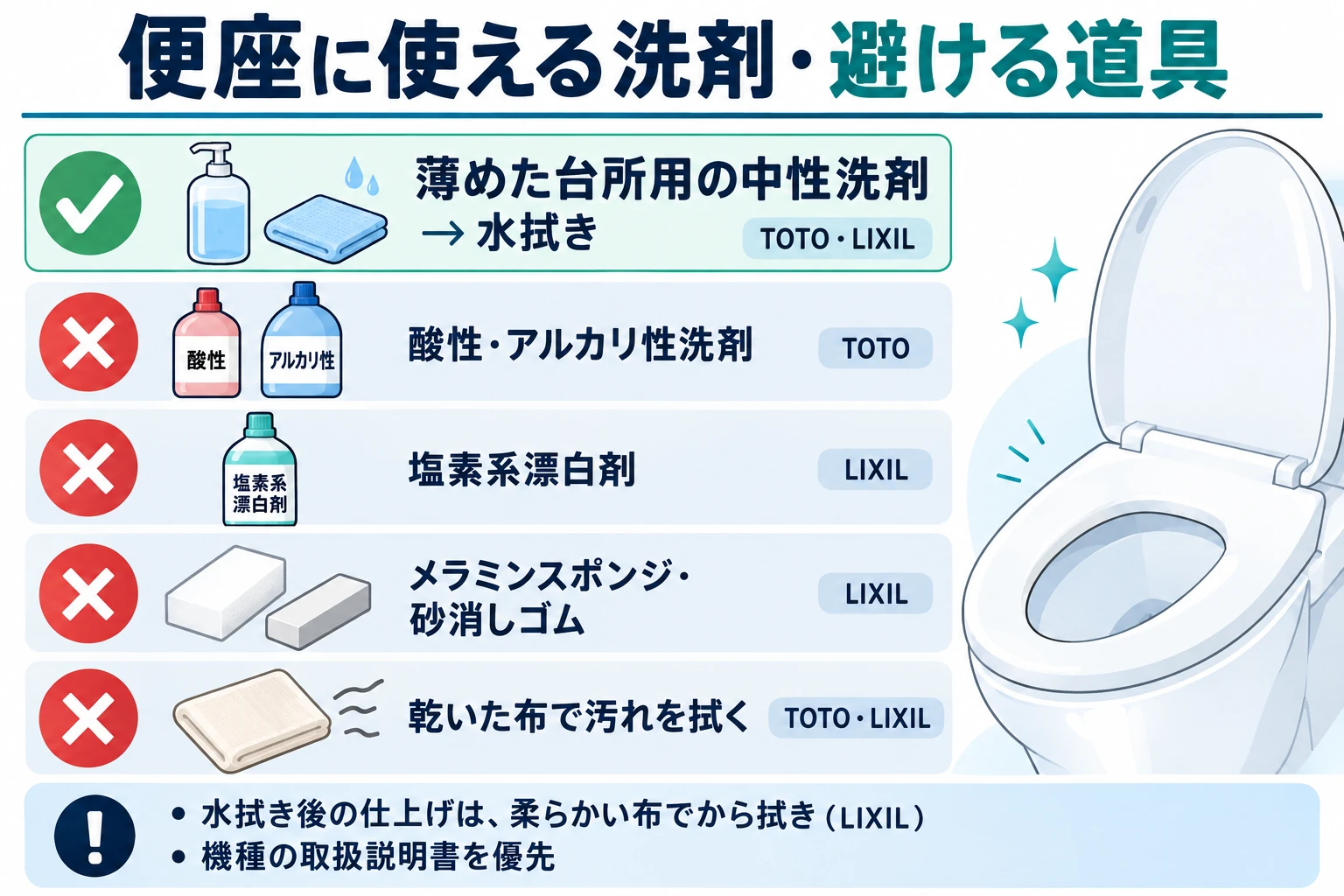 便座に使える中性洗剤と避ける洗剤・道具の一覧